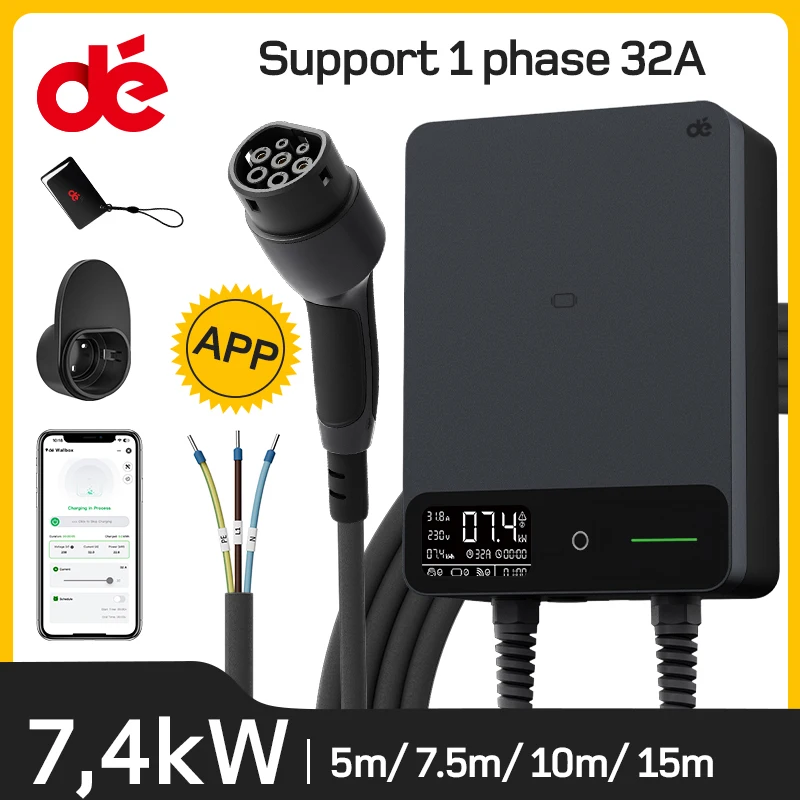 dé Wallbox 7,4kW Typ 2 32A 1-Phasen APP WiFi Elektroauto-Ladestation RFID-Karte EVSE Heimladestation 5m 7,5m 10m 12,5m 15m Kabel