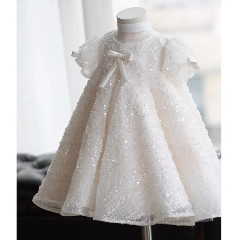 2024 New Baby Girls Birthday Baptism Princess Ball Gown Kids Cute Bow Sequins Design Wedding Party Dresses y1202