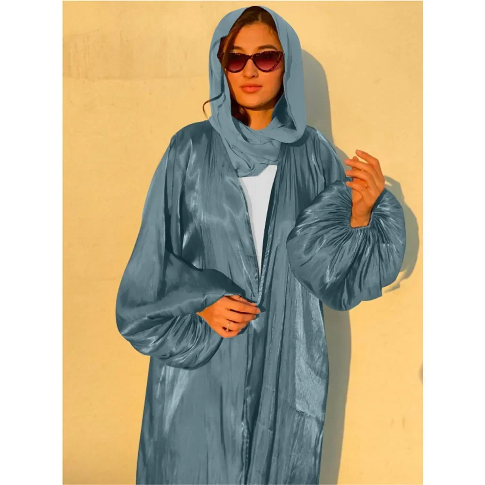 Eid Ramadan Abaya Satin femmes ouvert Kimono Cardigan Maxi Robe caftan dubaï musulman manches bouffantes islamique turquie arabe Robe Robe