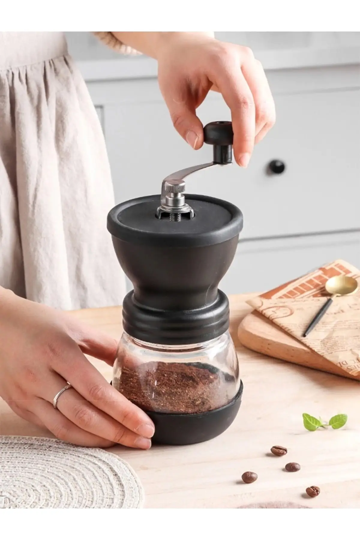 Zwart Glas Spice Koffiemolen Zwarte Peper Zout Koffie Kruiden Handmatige Molen Houten Handleiding Hand Grinder Zout Shaker