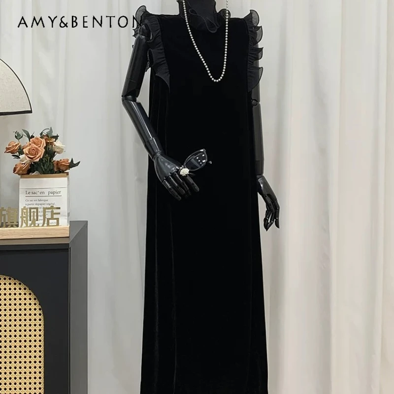 

Elegant Temperament Lace Velvet Black Women's Long Dress 2026 New Flying Sleeves Loose Thin Dresses Suitable All Seasons Ladies