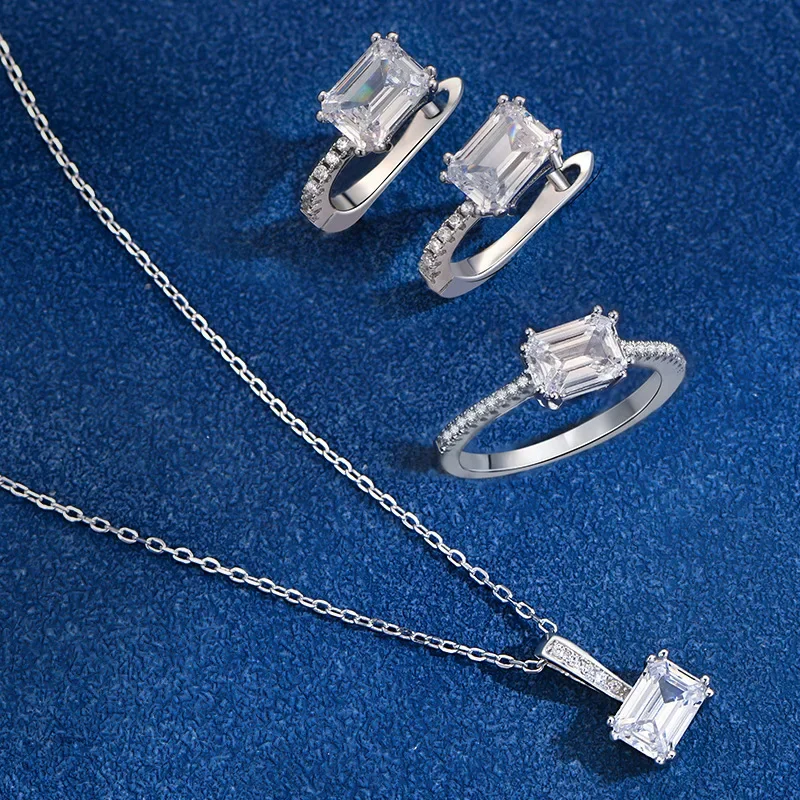 Luxury Jewelry set 925 Sterling Silver Square Diamond fashion hot selling 5A CZ necklace ring earrings three piece set