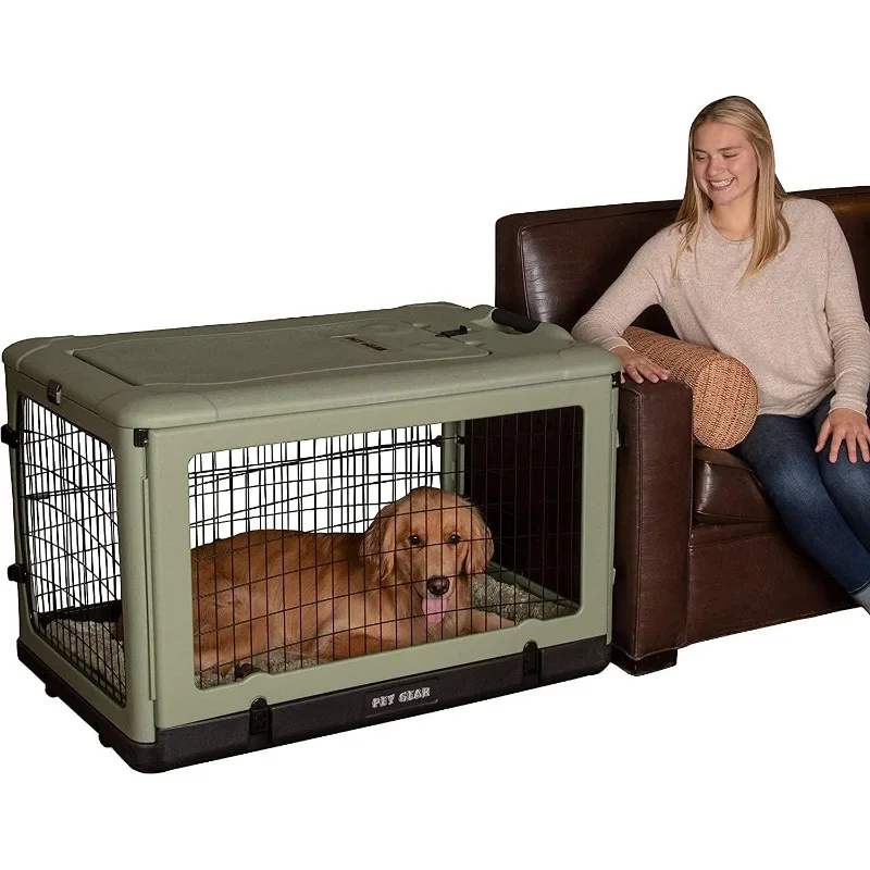 “The Other Door” 4 Door Steel Crate for Dogs/Cats with Garage-Style Door, Includes Plush Bed + Travel Bag, No Tools Required