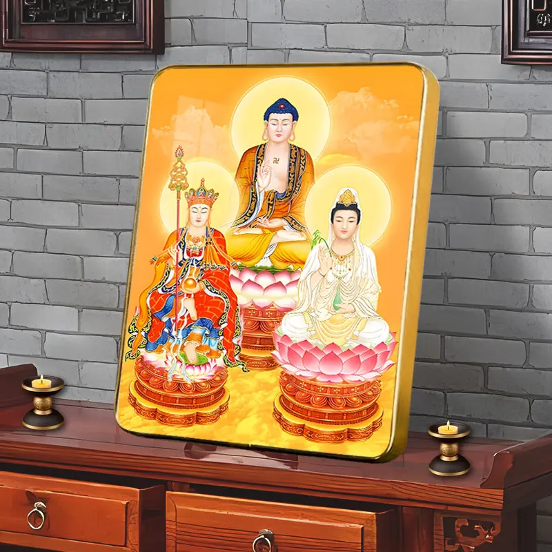 

Cz saha three saints buddha statue portrait hanging picture sakyamuni buddha king guanyin crystal painting worship table