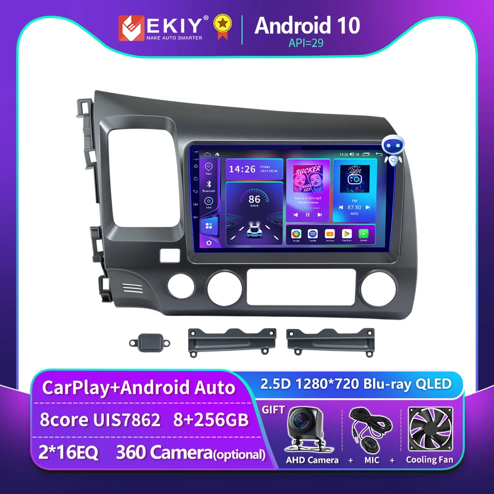 EKIY T900 9 Inch For Honda Civic 2006 - 2011 Android Carplay Car Radio Multimedia Player Auto Stereo Navigation GPS 2 DIN Audio