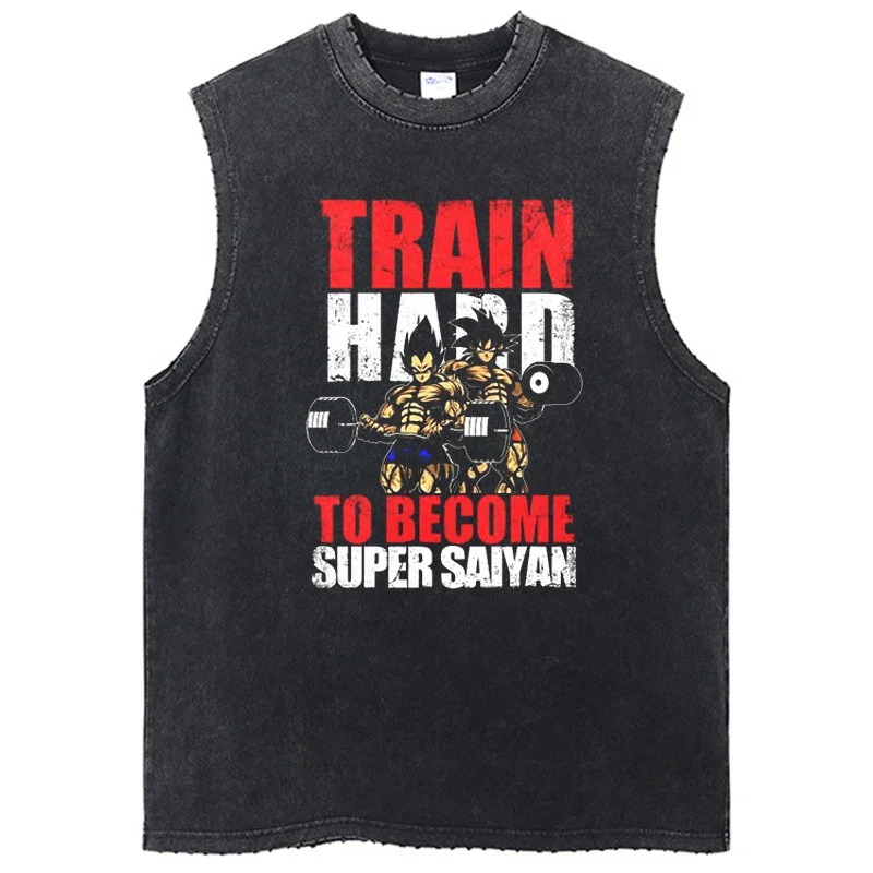 Men Washed T-Shirt Sleeveless Dragon Ball Anime Graphic Oversized T Shirt Summer Short Sleeve Hip-hop Tshirt VintageTank