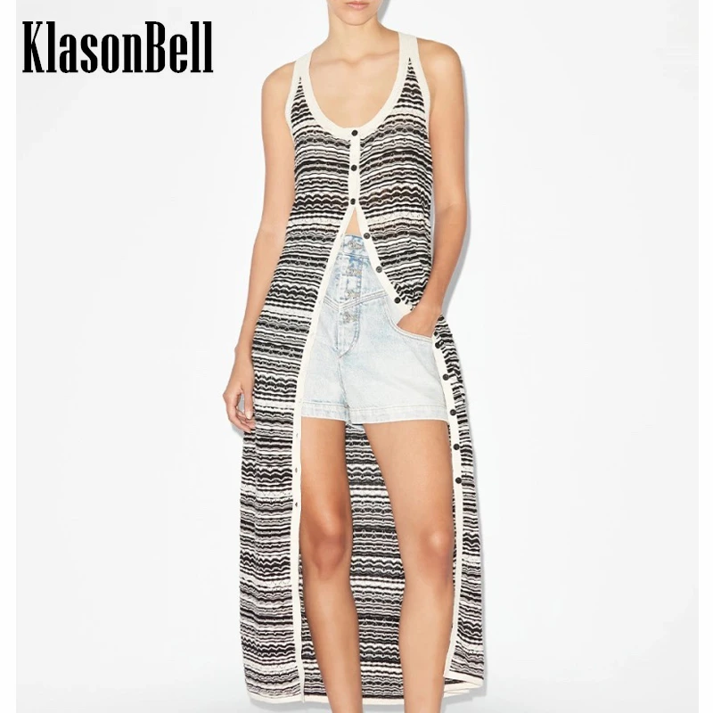 

5.20 KlasonBell Bohemian Striped Knitted Maxi Dress For Women Suspender V-Neck Single Breasted Holiday Beach Style Dress