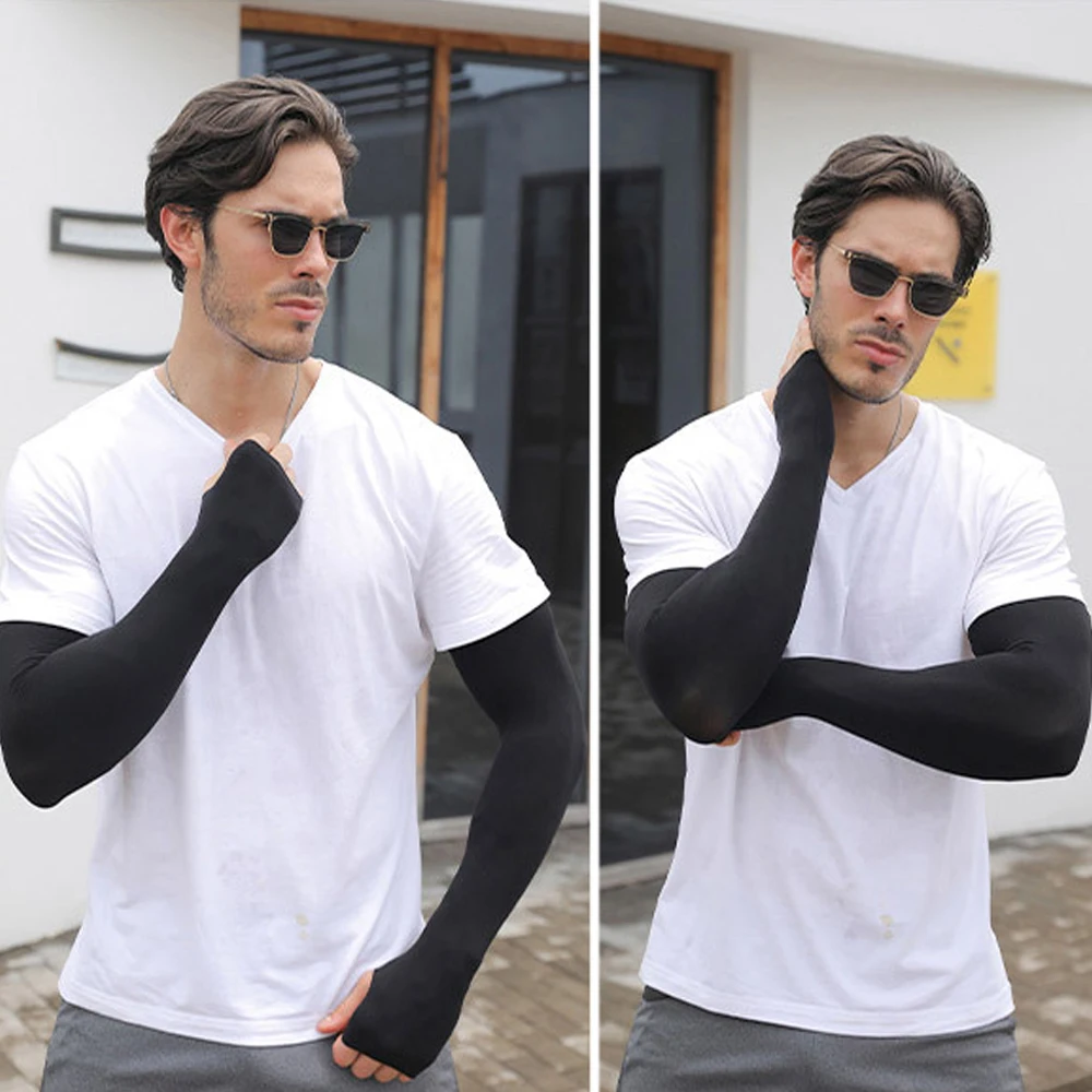 1 Pair Ice Silk Summer Sunscreen Sleeves Men Plus Size Arm Protection UV Protection Solid Color Arm Sleeves Quick Dry Arm Warmer