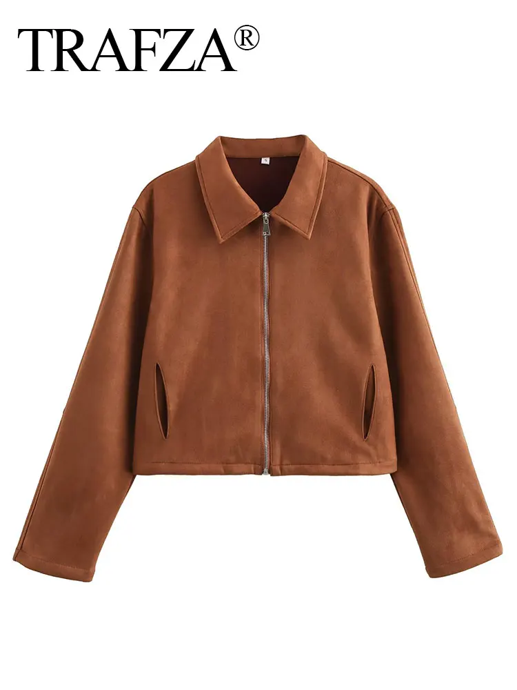 

TRAFZA 2024 Autumn Coat For Women Fashion Brown Long Sleeves Loose Cropped Cardigan Tops Female Versatile Woman Outercoat Top