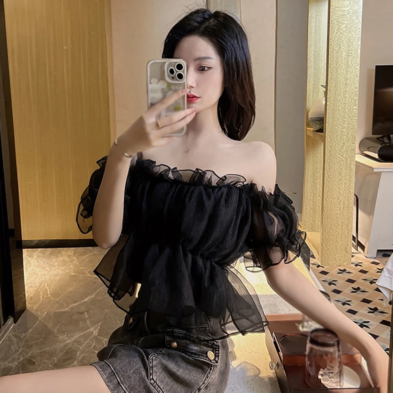 Short Puff Mesh Sleeves Women\'s Off shoulder Chiffon Top Lace Sweet Square Neck Sexy Sweet Spring Summer Casual Streetwear