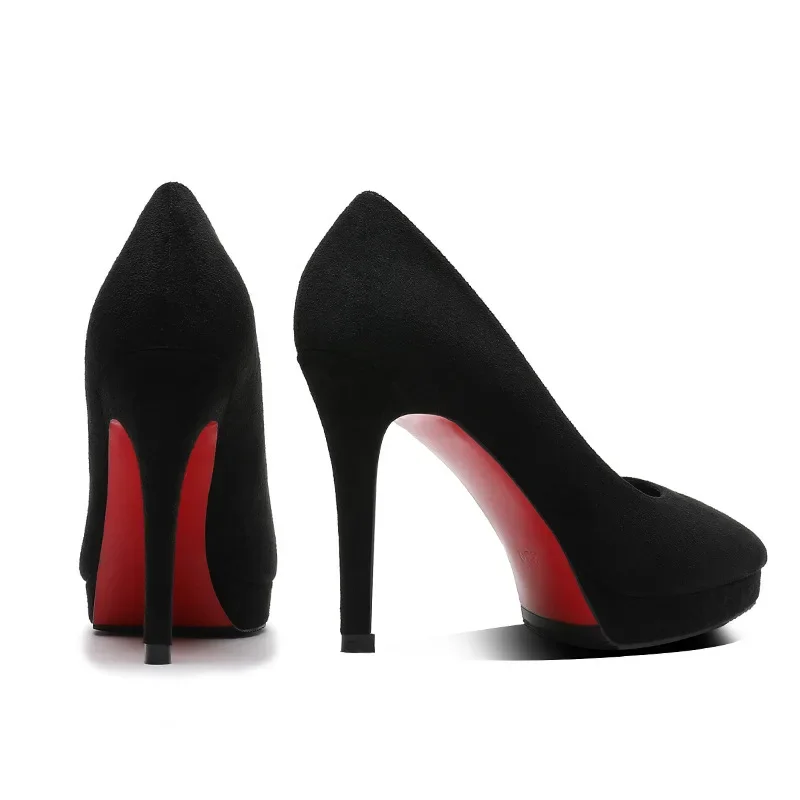 2023 Women 10cm 12cm High Heels 2cm Platform Pumps Nightclub Sude Flock Black Lady Extreme Thin Heels Red Bottom Catwalk Shoes