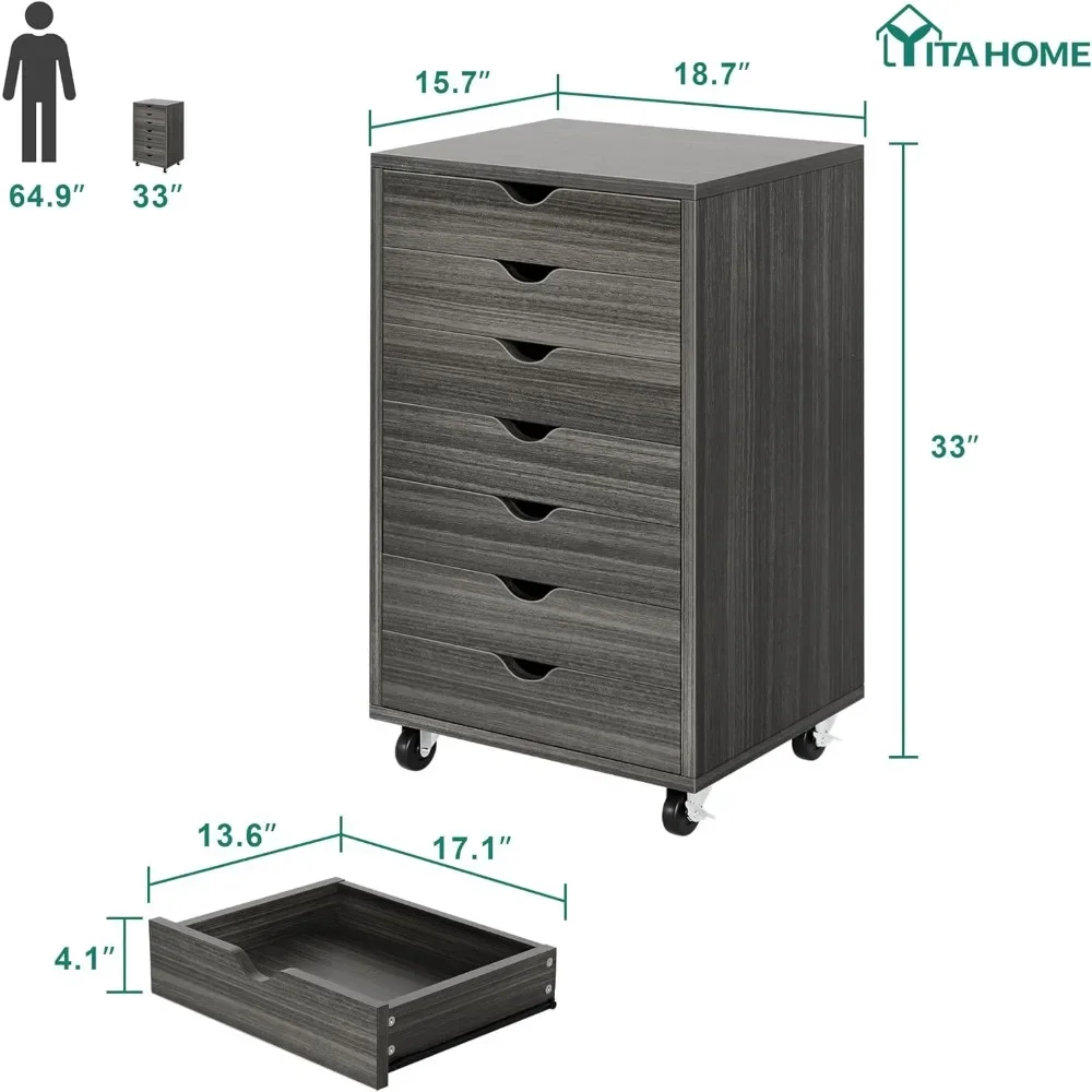 Commode de rangement pour bureau à domicile, armoires de classement, 7MELChest, classeur mobile avec roues, gris, sans fret, meubles