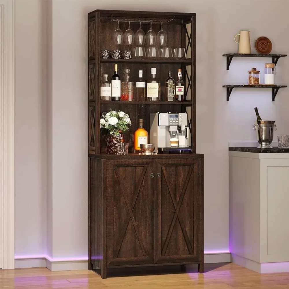 Bar Cabinet For Liquor And Glasses, Dining Room Kitchen Cabinet With Wine Rack, Tall Cabinet Open Storage Shelves