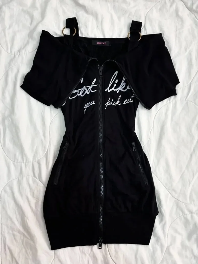 Goth Sling Sukienki Damskie Y2k Off Shoulder Slim Punk Vintage Slim Short Dress Estetyczna Harajuku Streetwear Grunge 2000s Summer