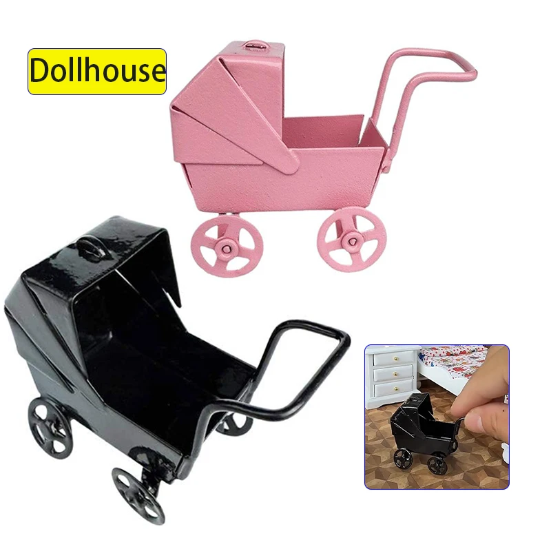 1Pcs 1:12 Puppenhaus Miniaturen Schmiedeeisen Baby Kinderwagen Modell Puppe Haus Schlafzimmer Szene Dekor Ornamente Pretend Spielen Spielzeug DIY