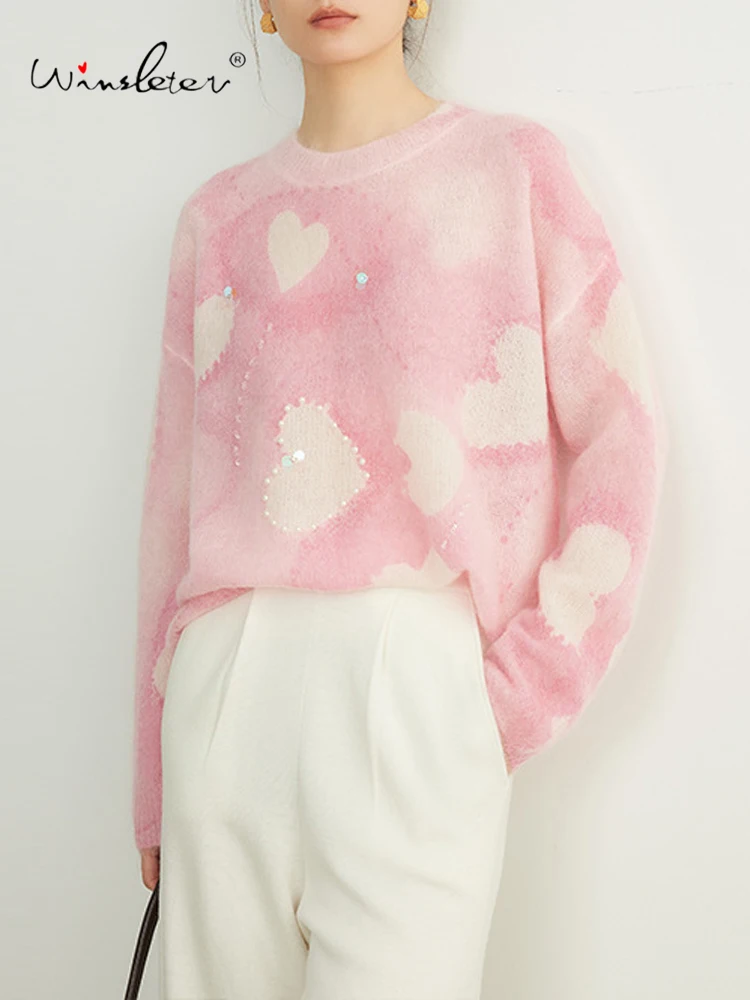 

Winsleter-33% овечья шерсть 33% элегантный свитер из мохера, женский свитер с круглым вырезом и принтом из бисера, модный свободный свитер для ленивых, осень 2022, T58745CC