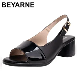 Mixed Colors Patent Leather High Chunky Heels Women Sandals Square Toe Ladies Sexy Dress Party Buckle Shoes Big Size 41 42