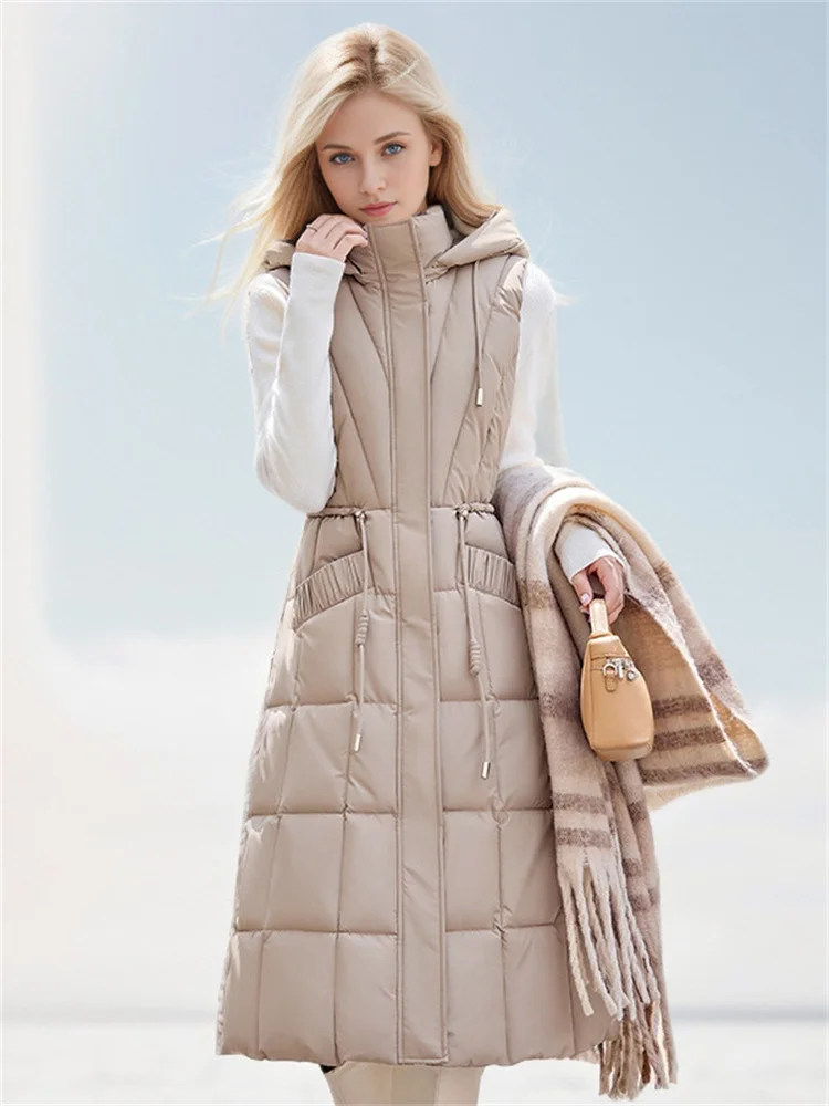 Down Padded Jacket Vest Female Middle Length 2024 New Fashion Elegant Temperament At The Waist Hooded Vest And Loose Jacket