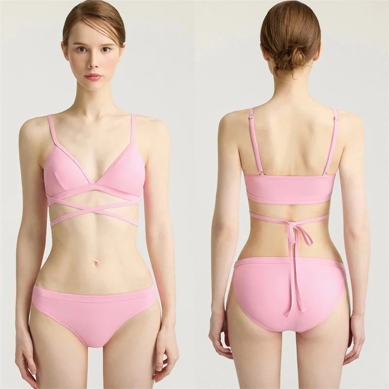 Roupa de banho feminina 2024 biquíni cor sólida banho sem costas sexy tankini duas peças primavera quente maiô roupas de praia M-XL