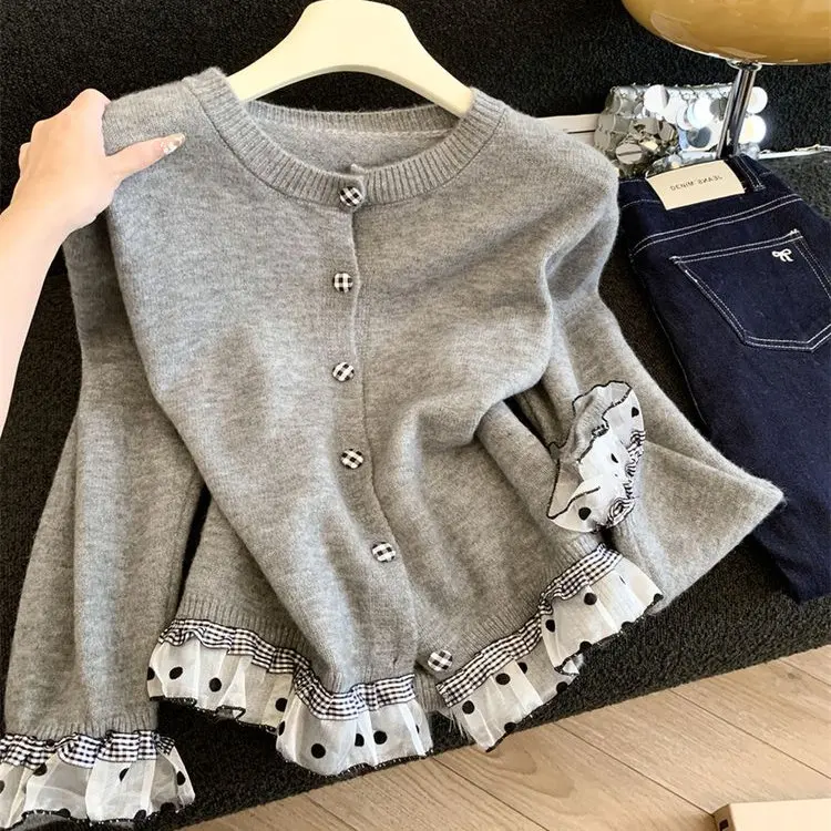 الكورية الحلو الدانتيل تقسم محبوك سترة سترة المرأة الخريف الشتاء فضفاض كسول Sle ort أعلى جولة Ne Long Sve #1