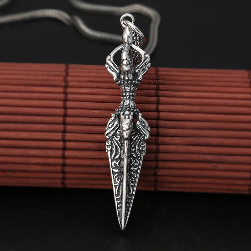 925 Sterling Silver Jewelry Retro Buddhist Vajra Amulet Pendants Men and Women Vajra-pestle Sweater Chain Pendants TSP283