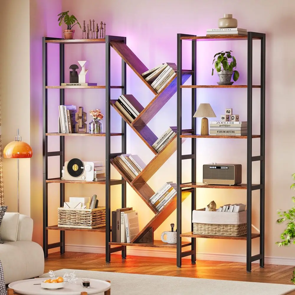 

Triple 5-Tier Bookshel with LED Lights or Living Room, 17 Open Shelves Large Bookcase with App Control RGB Light Strip, ern Tree