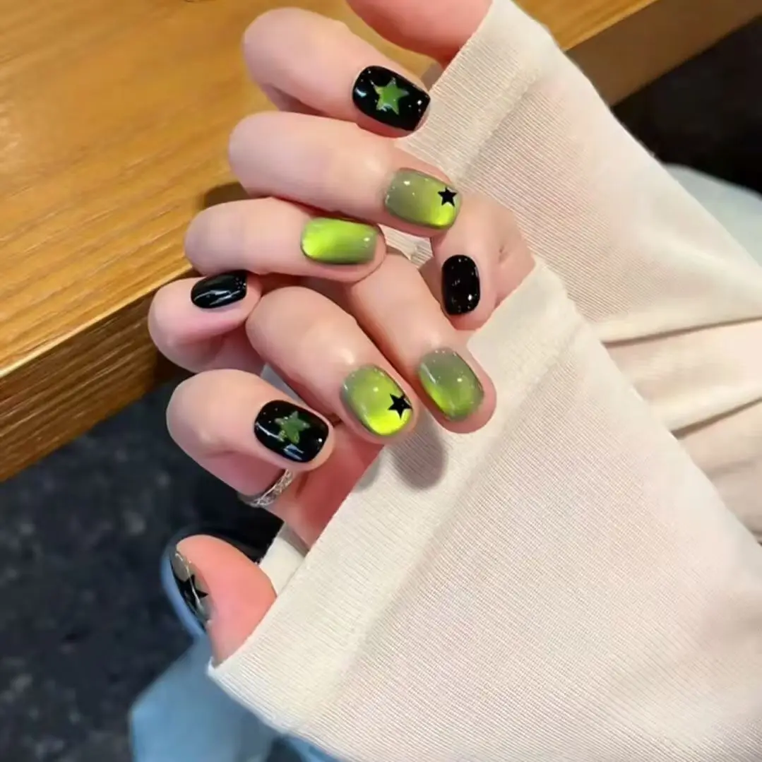 

10pcs Star Green Apple Cat Eye Handmade Press on Nails Simple Nails Full Cover Wearable False Nails