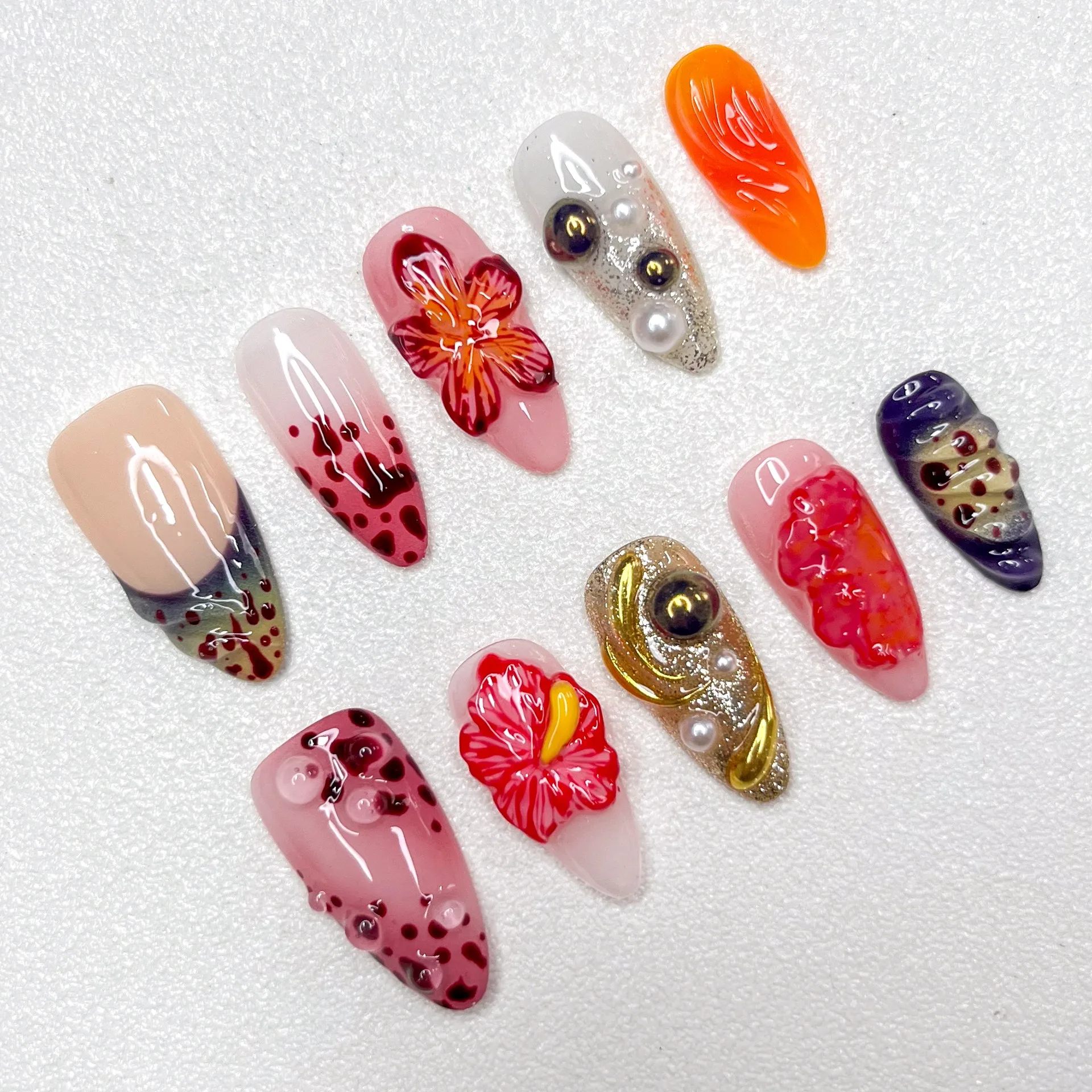 Handmade Engraved Mandarin Duck Gold Embellishment Personalized Design Almond Length Female Nail Decoration Press on Nails