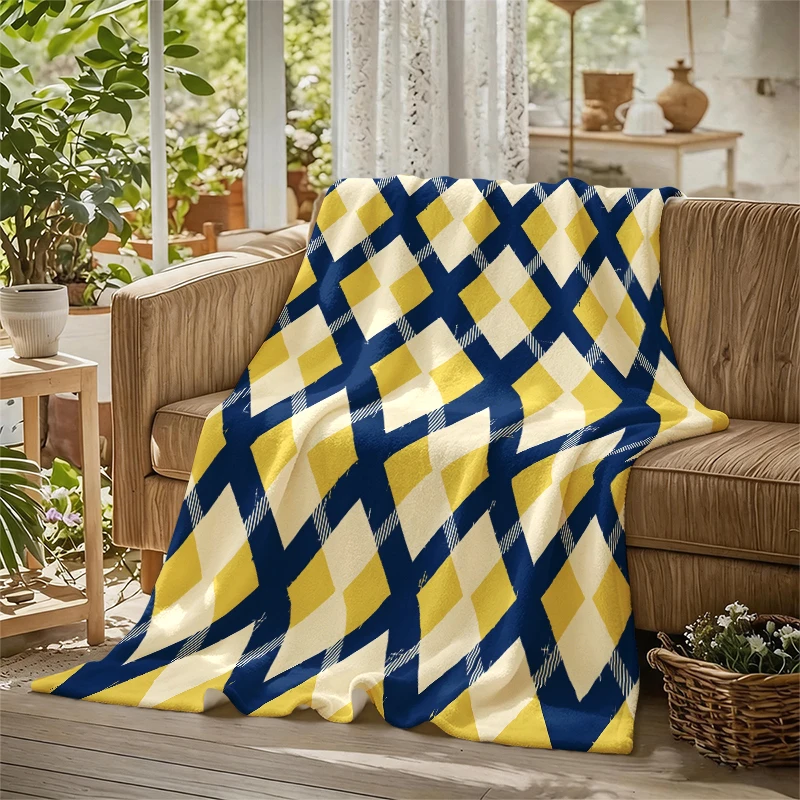 Blue Yellow Argyle Plaid Ultra-Soft Fluffy Flannel Blanket Super Cozy Lightweight Bed Blanket for Halloween Sofa Bed Christmas