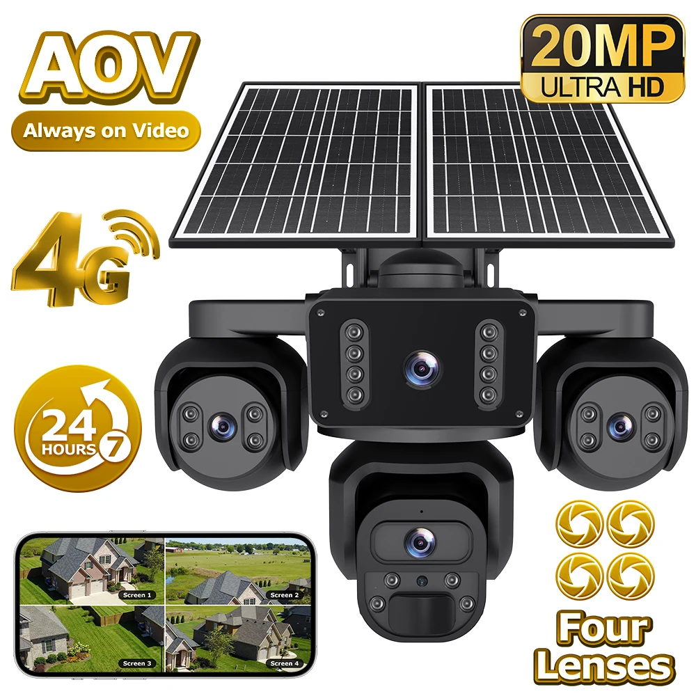 

20MP Solar Camera AOV 4G LTE Wifi Forur Lens 4 Screens 360° Cam 20100mAh Battery Night Vision Security CCTV Vehicle Detection
