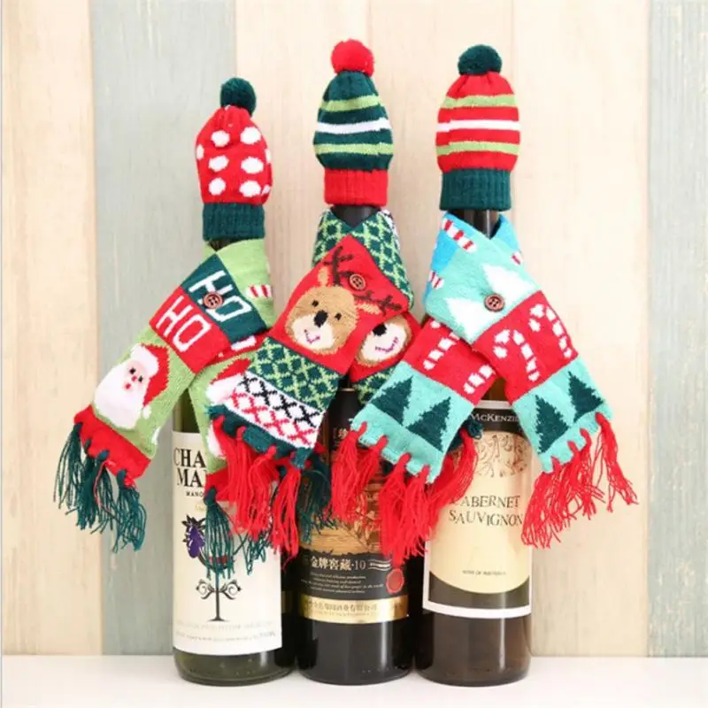 New Christmas Wine Bottle Cover Set Santa Snowman Woven Wine Bottle Bags for Christmas Party Dinner Table Decorations Gifts