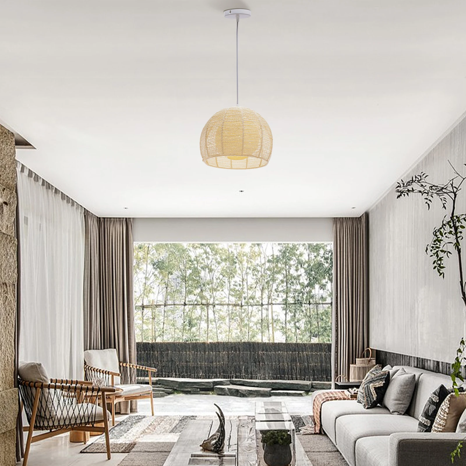 Lodge Wicker Rattan Cell Pendant Light Fixture Farmhouse Hanging Ceiling Lamp