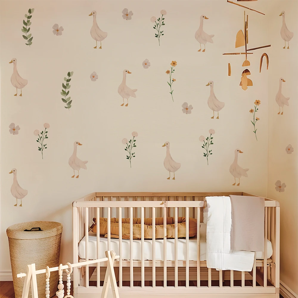 Cute Geese Flora Set of Wall Stickers Peel And Stick PVC Nursery Duck Decal Gift For Kids Room Neutral Animal Easy Removable view 3