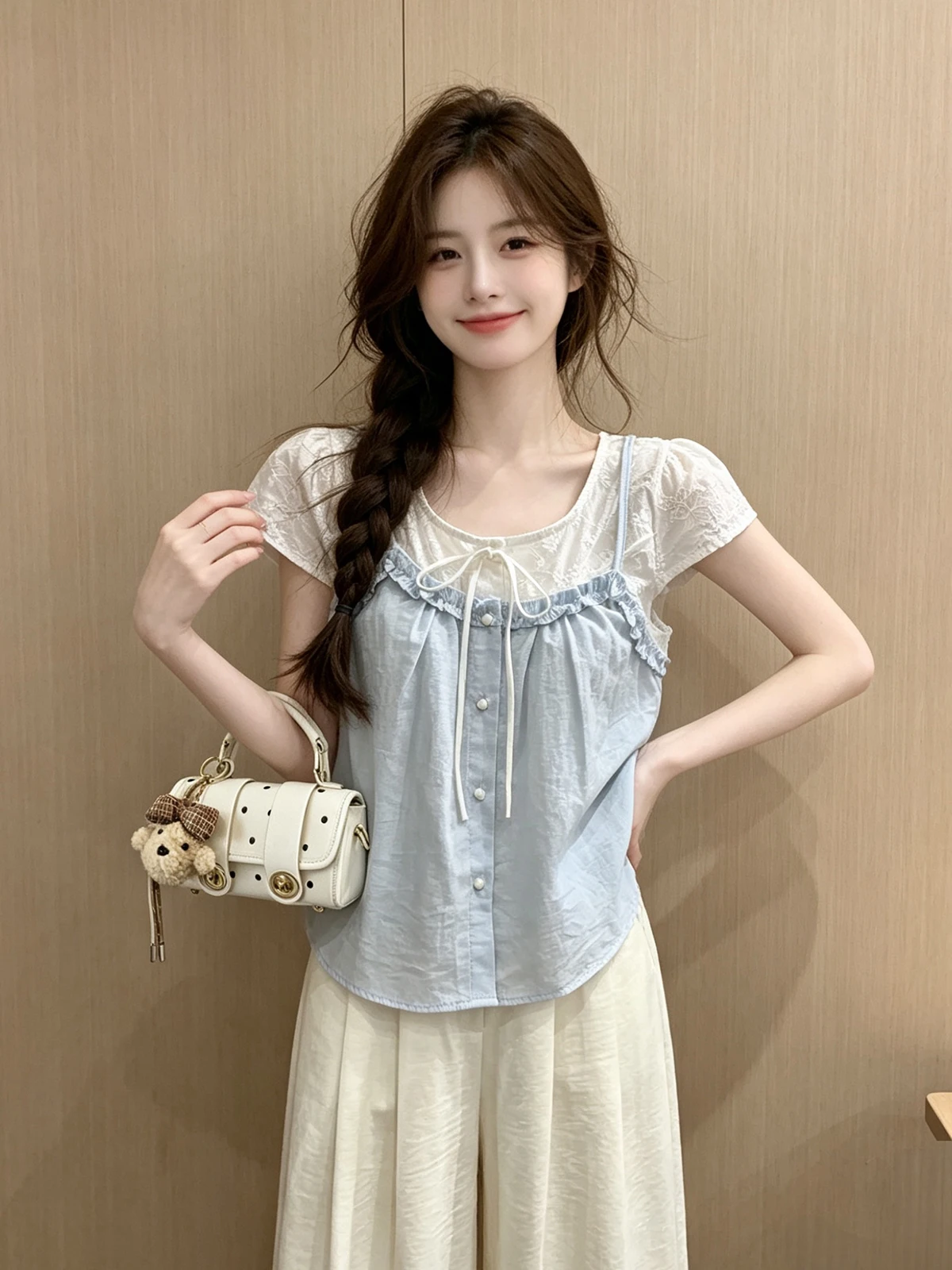 

Summer Hollow out Embroidery Shirt Women's Patchwork Fake Two-Piece Slimming Belted Cute Doll Top Breathable Loose Fit Button...