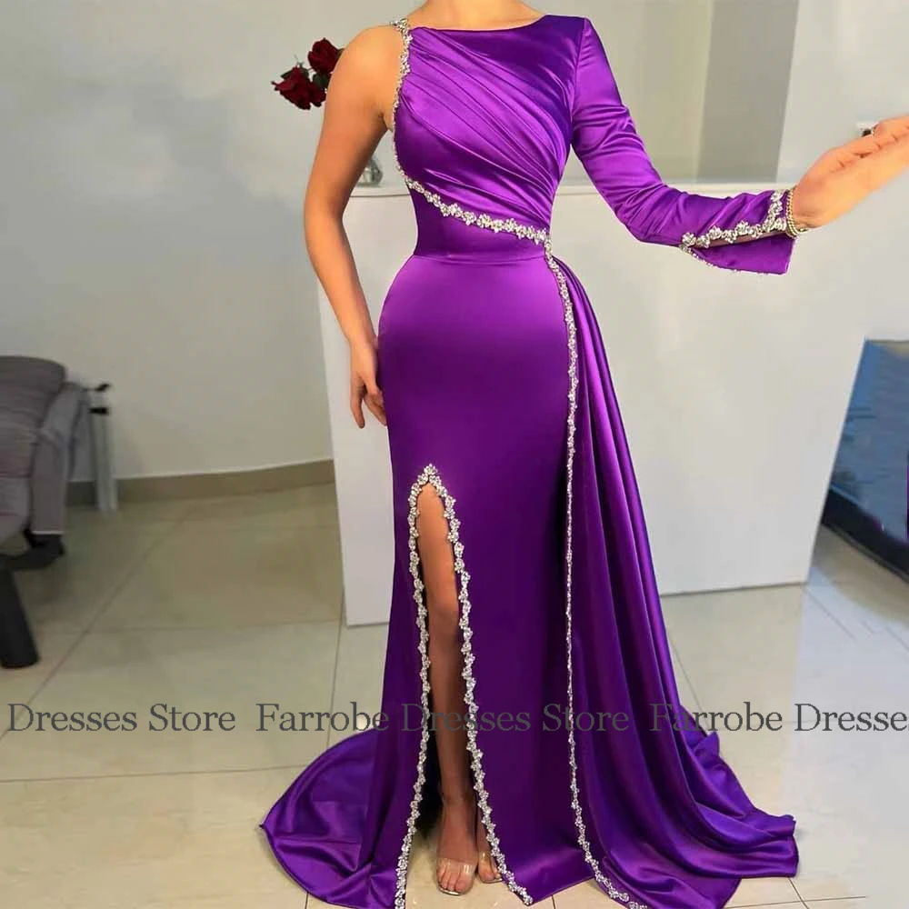 2025 Purple Evening Gowns For Women Satin Elegant Party Gown Purple One-shoulder Rhinestones/Crystals Pleat Split