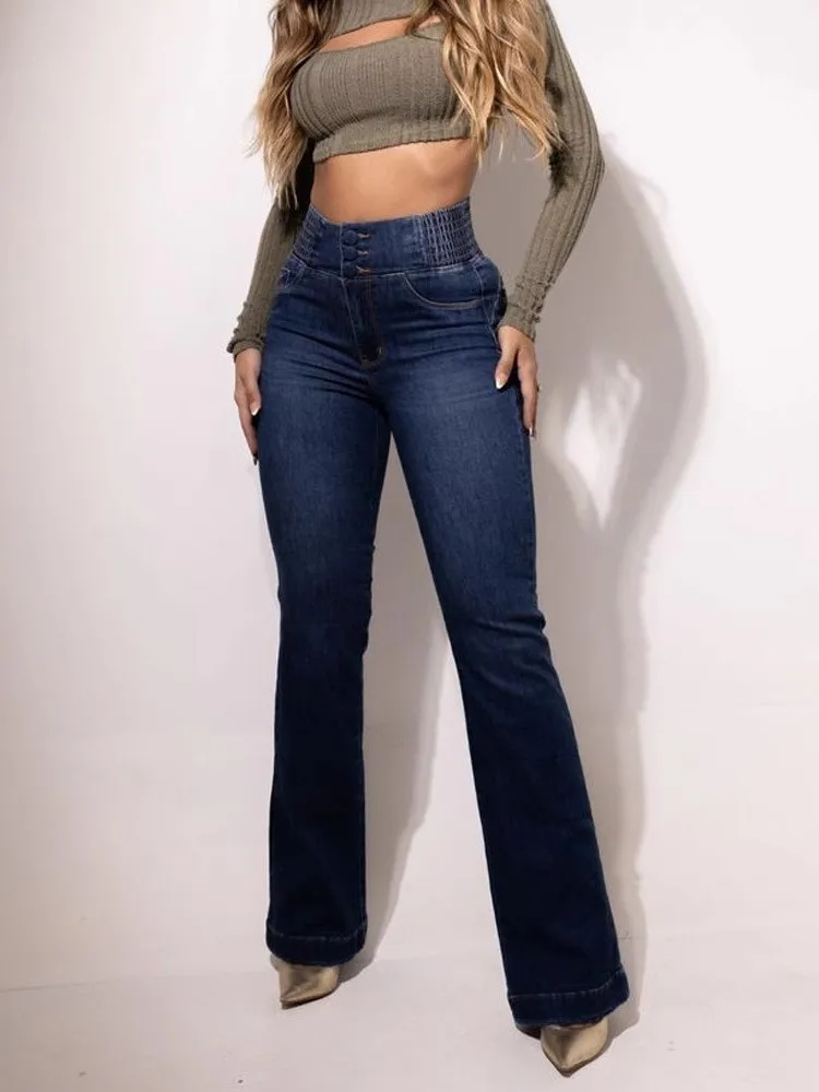 New Personality Street Fashion High-waisted Button Elastic Slim Wide-leg Jeans Women's Sexy Slim Versatile Weila Denim Trousers