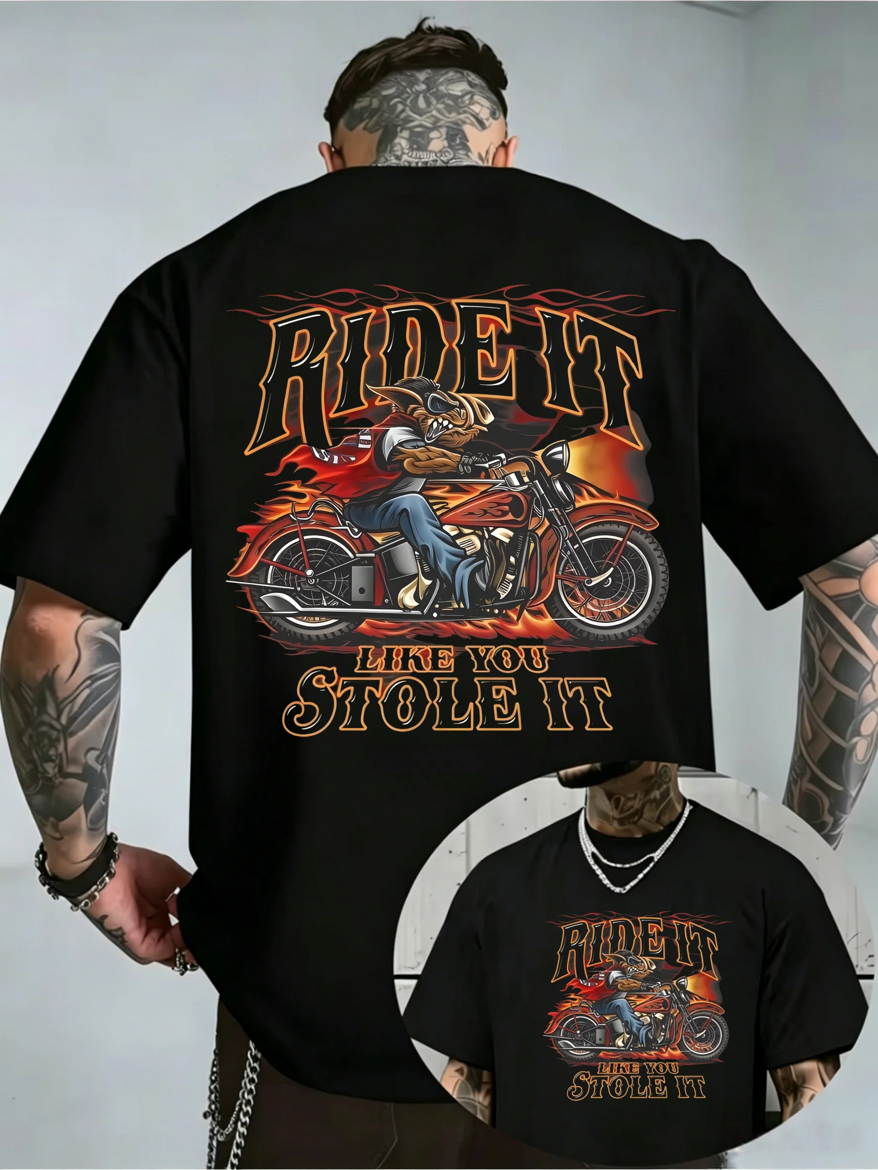 Men'S Vintage Flame Wolf Riding Motorcycle 
