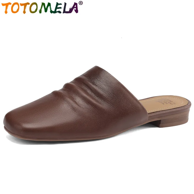 

TOTOMELA 2024 New Pleated Genuine Leather Shoes Square Low Heels Mules Slippers Vintage Ladies Summer Daily Slippers