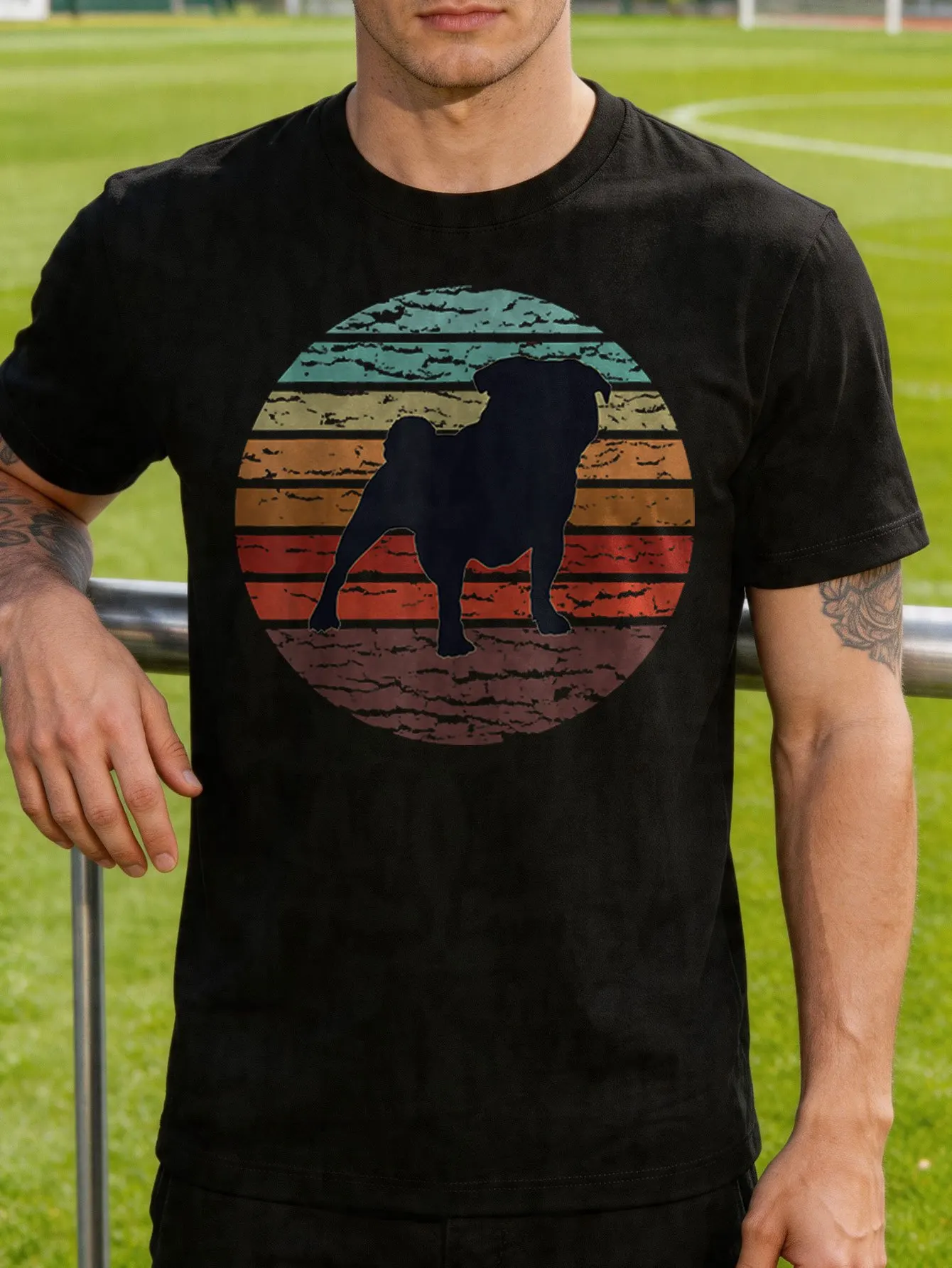 Retro Sunset Pug Silhouette Graphic Mens T Shirt Vintage Dog Art Short Sleeve Crew Neck Cotton Tee Street Casual Daily Top