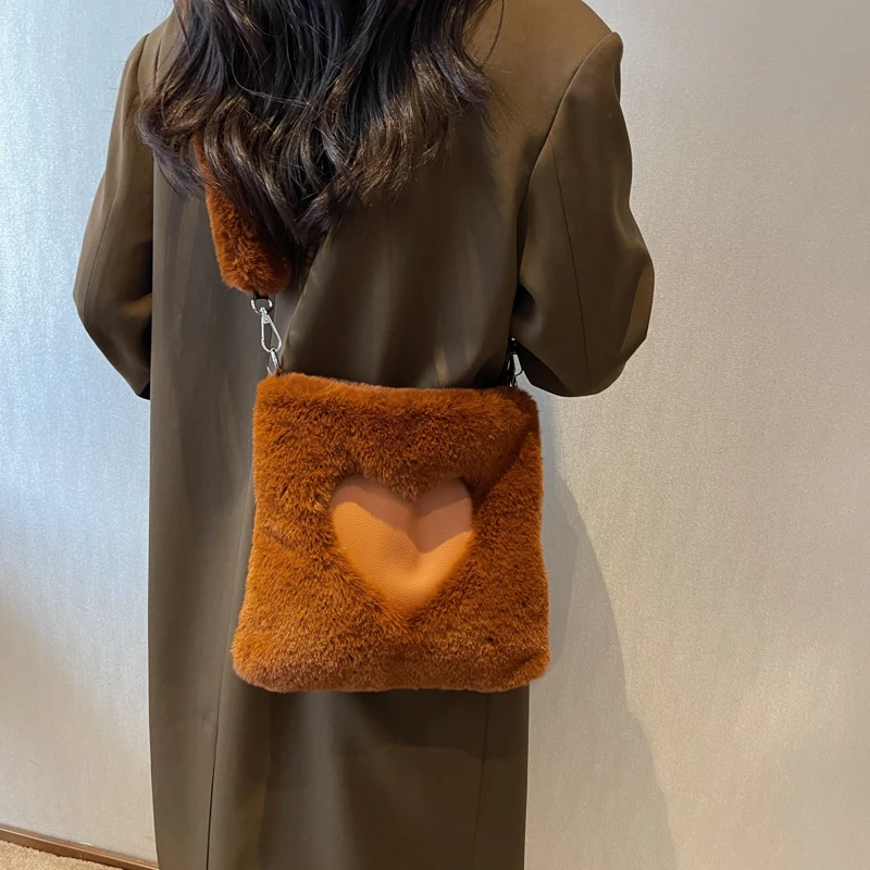 Heart Fluffy Bags For Women 2022 Y2K Plush Tote Bag Soft Furry Bags Small Luxury Designer Handbag Fur Shopping Shoulder Bags Sac