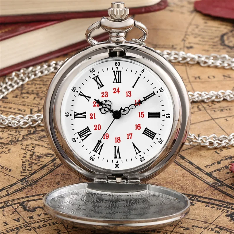 Silver Smooth Case Roman Number Display Quartz Analog Pocket Watch for Men Women Necklace Sweater Chain Reloj De Bolsillo Gift