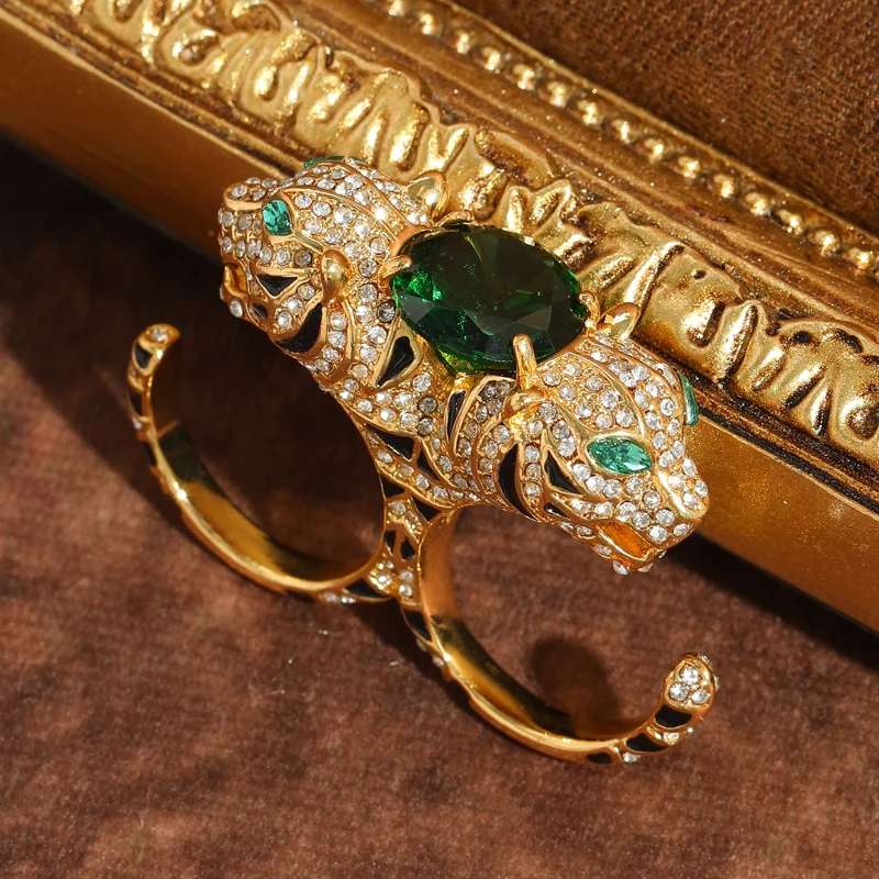 

Vintage Gold Color Leopard Rings Green Oval Zircon Head Double Circle Luxury Brands Quality Jewelry Accessories For Women 2025