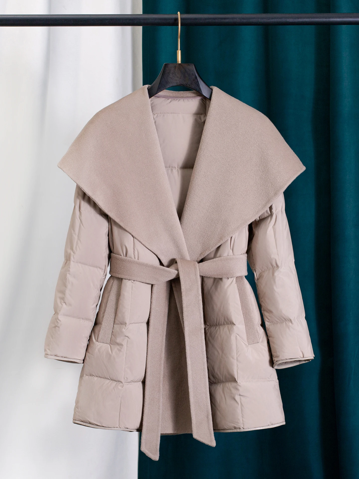 

Gray Woolen Double-Faced 18K Goose down Jacket Women's Winter Waist-Cinching Belted Large Collar Splicing Korean Style