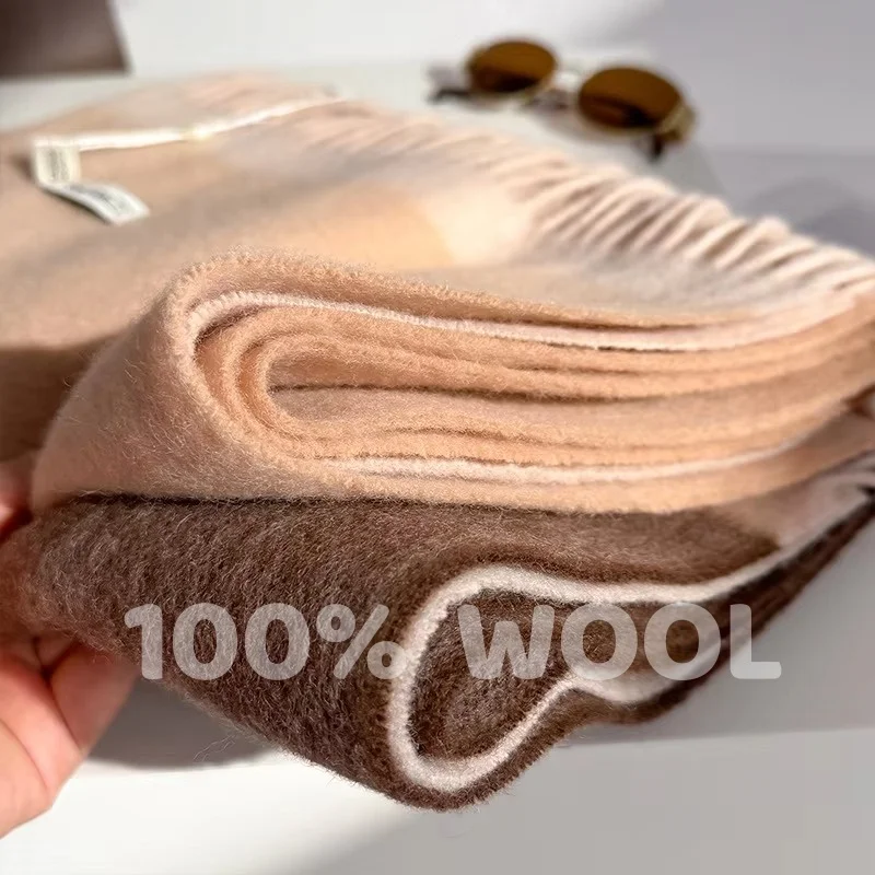 

Зима 2025 года, женский шарф из 100% шерсти, роскошный двухсторонний кашемировый шарф, утолщенная теплая шаль, классический шарф с кисточками, однотонная мягкая шаль