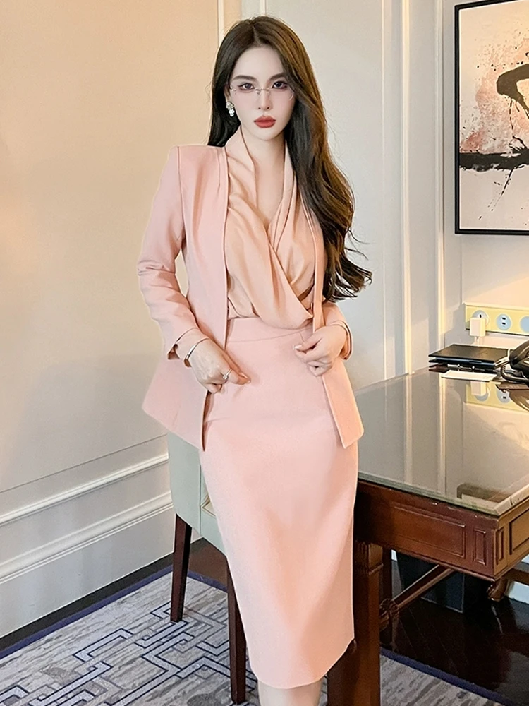 

Women's Professional Elegant Formal 2 Piece Suit Skirt Set Business Tops Pink Coat Long Sleeve Jacket Midi Skirt Outfits Spring