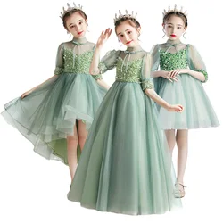 Verão Beading Tulle Joelho de comprimento Sábio Flor Verde Menina Princesa Vestido 1 ° Aniversário Cerimônias Festa De Casamento Vestido De Férias Rosa