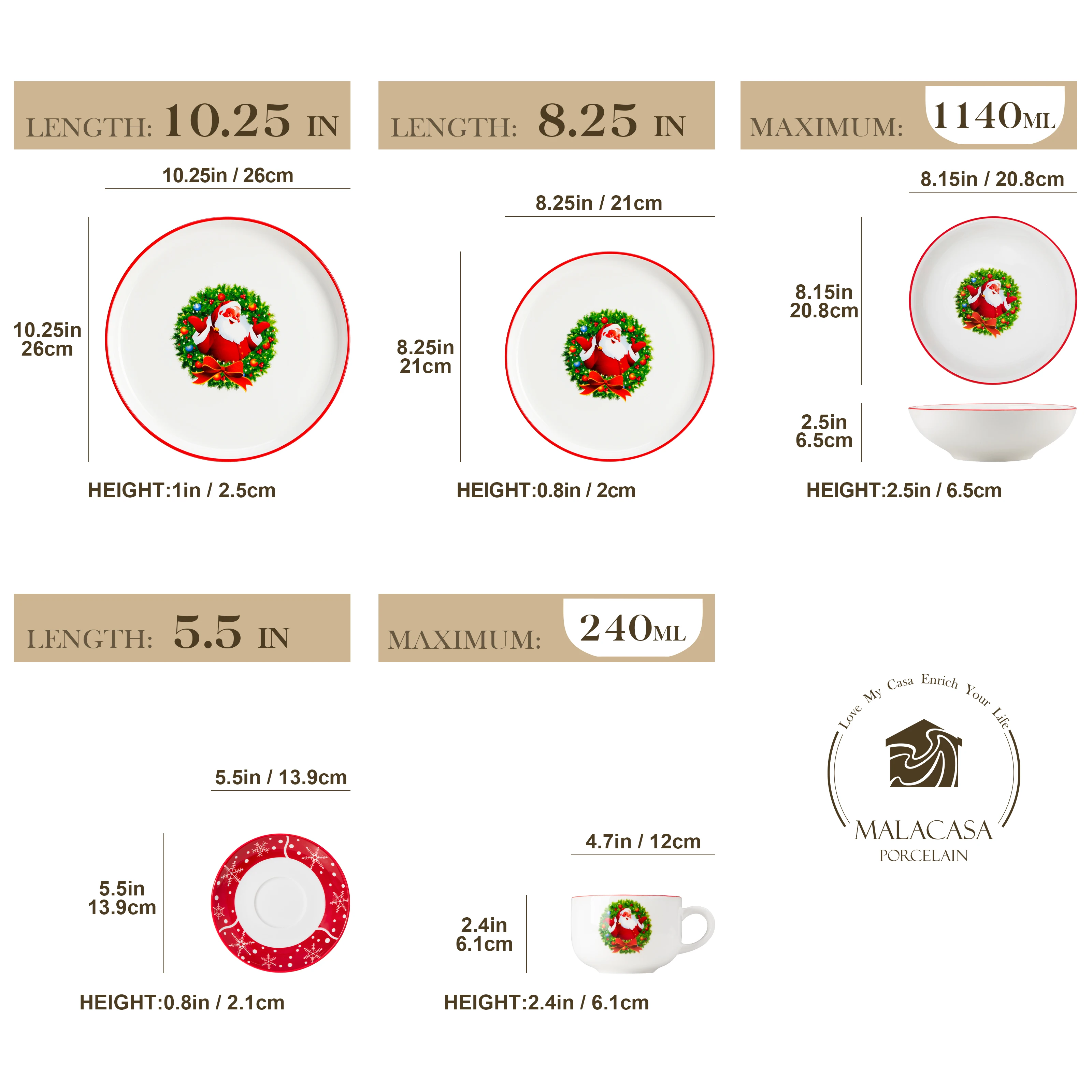 vancasso 24 PCS Christmas  Ceramic Dinnerware Set Santa Claus Style Dinnerware with Dinner/Dessert Plate/Cereal/Cup and Saucer for 6