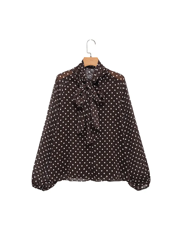 

HH Women's Fashion Bow Neckline Long Sleeves Polka Dot Pattern Thin Light Chic Shirt Female Elegant Commuting Leisure Shirt