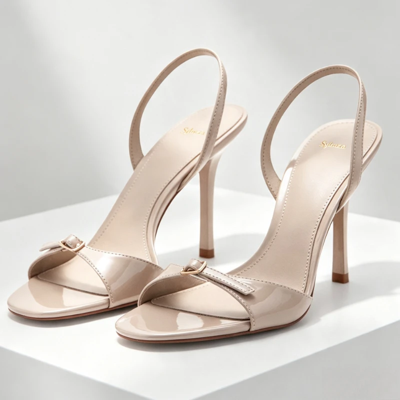 Metal Belt Buckle Detail Patent Leather Heeled Sandals Women Summer Open-toe Back Strap High Heels Elegant Office Formal Shoes