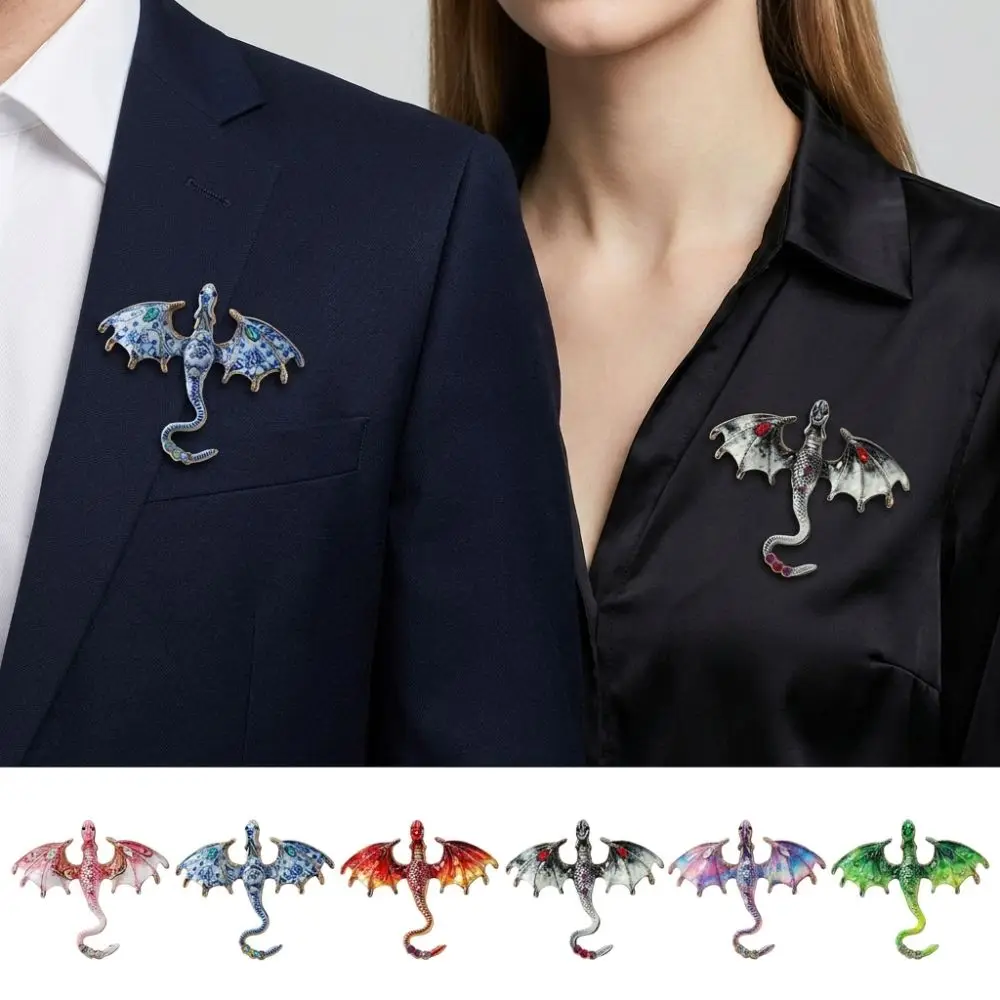 Zinc Alloy Enamel Flying Dragon Brooch Fantasy Dragon Colorful Rhinestone Crystal Wing Dragon Pin Chinese Blue Porcelain Gothic